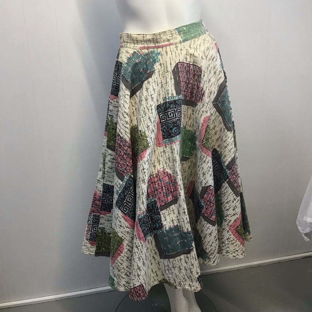 Multicolor Patterned antique barkcloth circle skirt Tiny sz handmade rare fabric